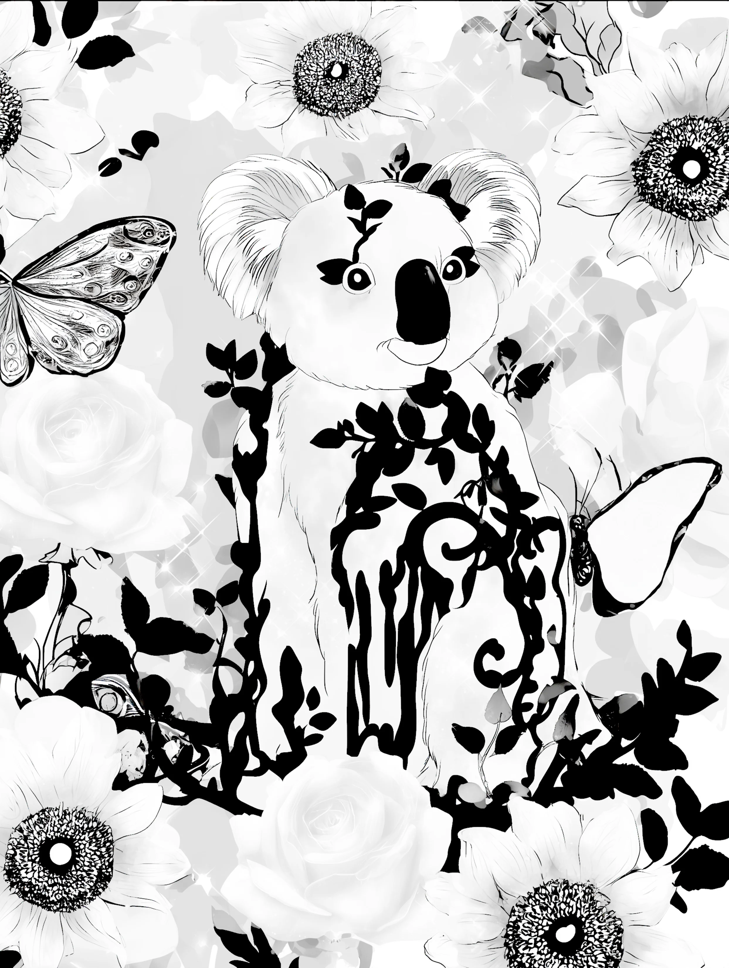 Free printable koala coloring page for adults featuring a vine covered koala